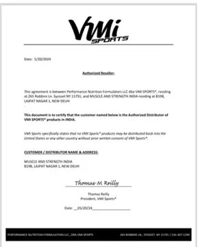 VMI Sports authorised distributor agreement